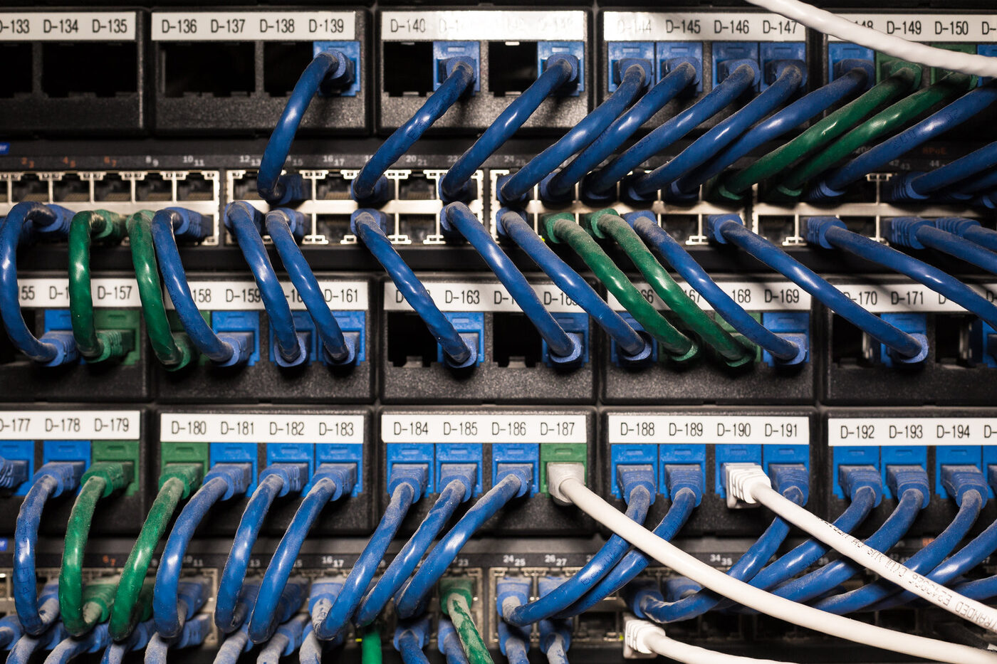 Close view of Ethernet patching in a network rack