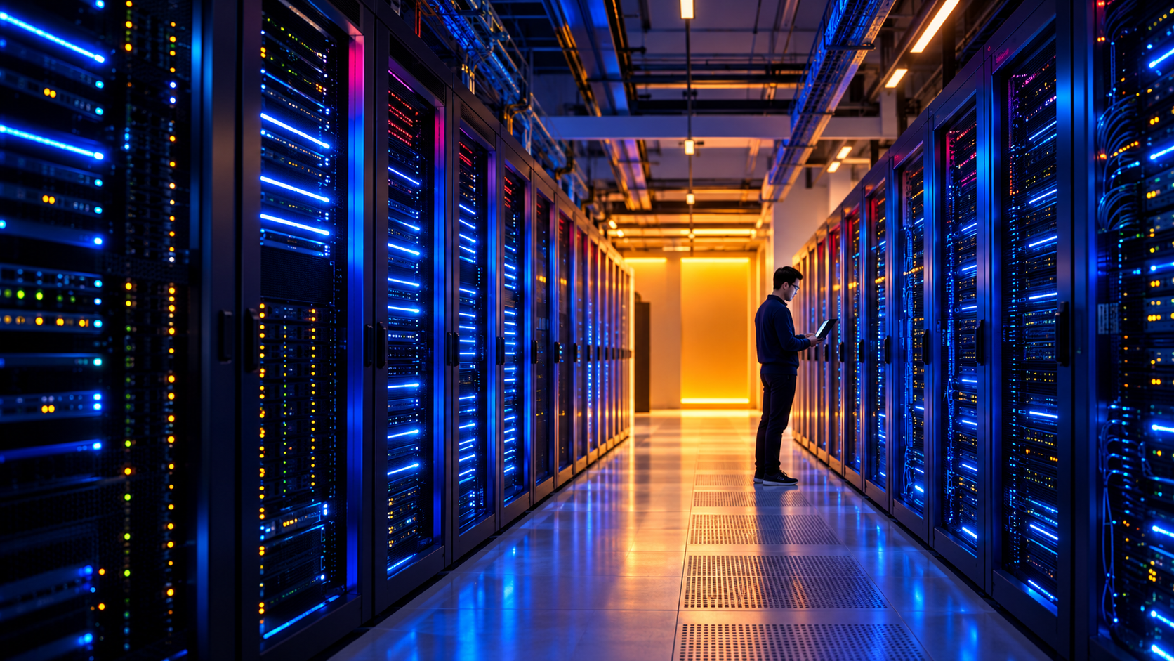 Network engineer working between illuminated server racks in a modern data centre
