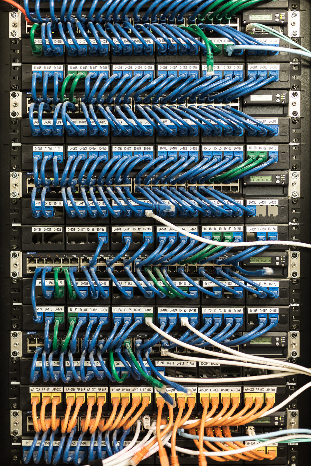Structured cabling organised inside an enterprise network rack